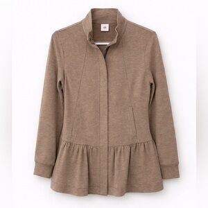 Cabi Taupe Peplum Zip Jacket Moto Ruffle Hem Stretch Knit Small